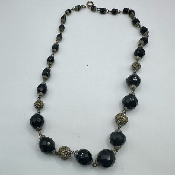 Vintage VTG Black Ball Beaded Choker Retro String Necklace 15" - Picture 1 of 8